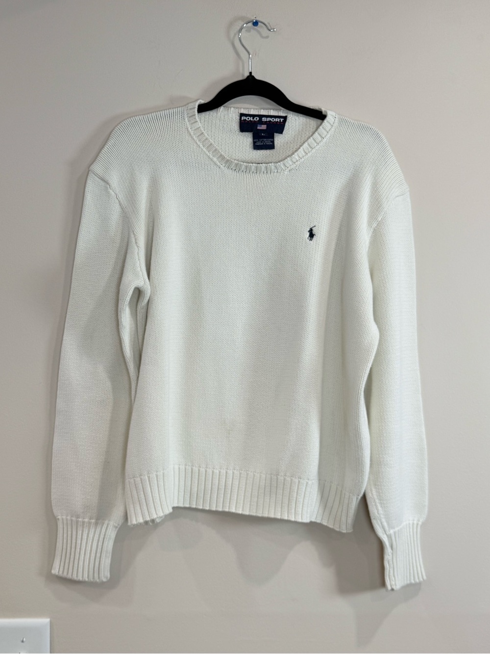 🔥Polo by Ralph White Cream Crewneck Sweater with Navy Pony Size L EC🔥